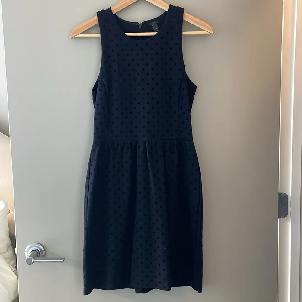 NWOT J.Crew Ponte Fit and Flare Polka Dot Velvet Dress Black Size XS